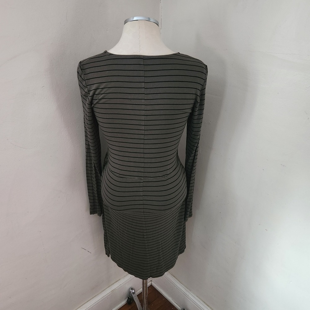 Express Womens Olive‎ Green Black Striped Long Sleeve Wrap Dress V-Neck Small - Picture 2 of 5